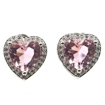 

11x11mm Elegant Heart Shape Created Pink Kunzite CZ Gift For Sister Wedding Silver Earrings