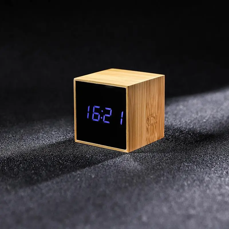 Bamboo светодиодный будильник электронные часы контроль температуры звуков деревянные настольные часы регулируемая яркость будильник - Цвет: Blue