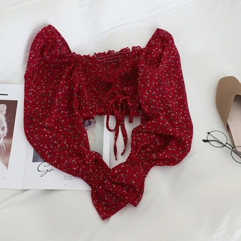 

2020 summer new floral women blouse puff lantern sleeved drawstring short high waist sexy lady elegant pull outwear tops