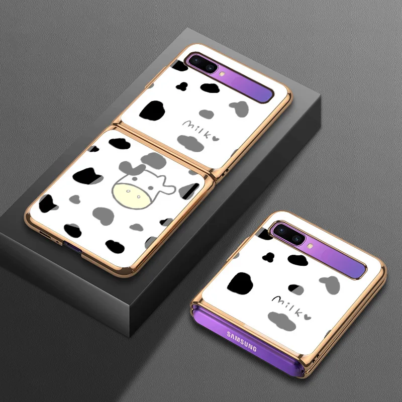 

Cute Cartoon Cows Tempered Glass Case for Samsung Z Flip 5G Cover Luxury Plating Shockproof Shell for Samsung Z Flip Case