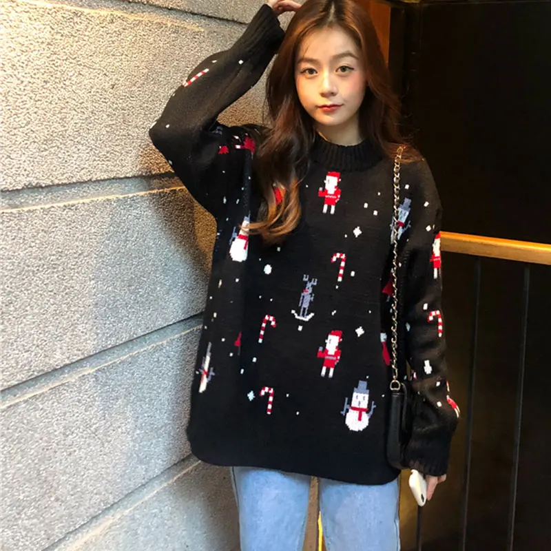 Comprar Suéter grueso de punto de Navidad muñeco de nieve para mujer Otoño Invierno cuello redondo de manga larga Jersey femenino suelto renos señoras jerseys