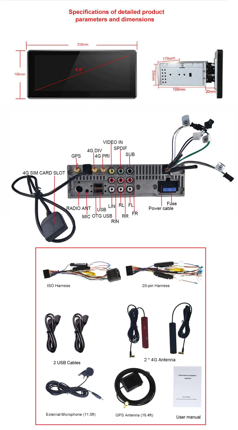 Sale 8.8" 1Din Universal Car Radio 2GB/32GB Built-in 4G Module Android 8.1 Octa Core Bluetooth Microphone GPS Multimedia Head Unit 9