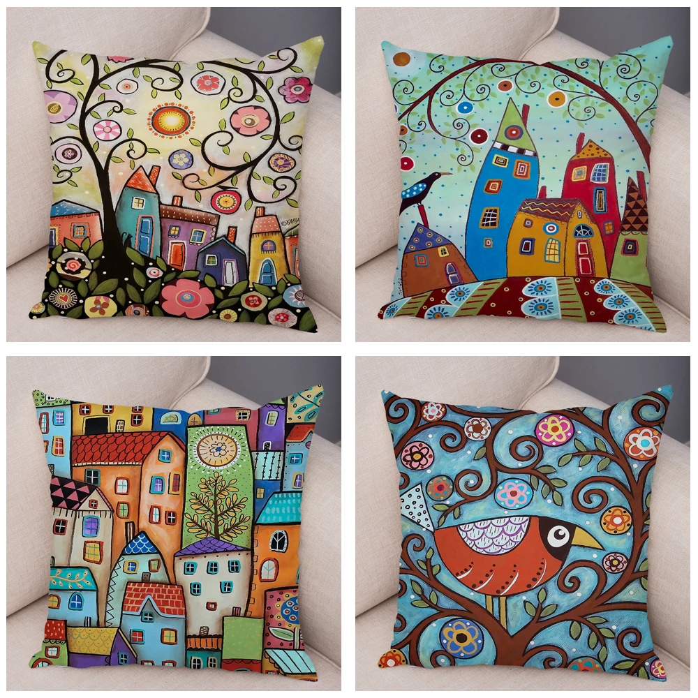 Throw Pillow Cover Cushion Cover Pillow Case Retro Rural Cities Cartoon House Tree Plush For Sofa Home Car Decor