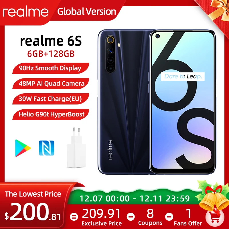 New realme 6s smart phone 6GB 128GB 90Hz 6.5inch FHD+Display Telephone 48MP Qual Cameras Android 4300mAh 30W changer