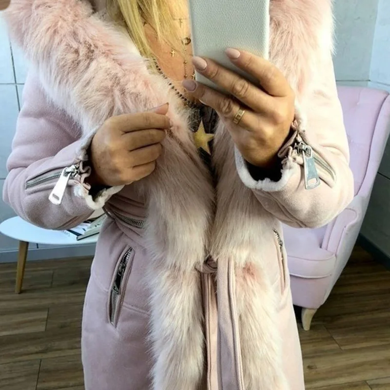 New ]Women Hoody Jackets Coats Mid-long Plush Collar Solid Belt Parkas Soft Fur Autumn Winter Jacket Outerwear Plus Size