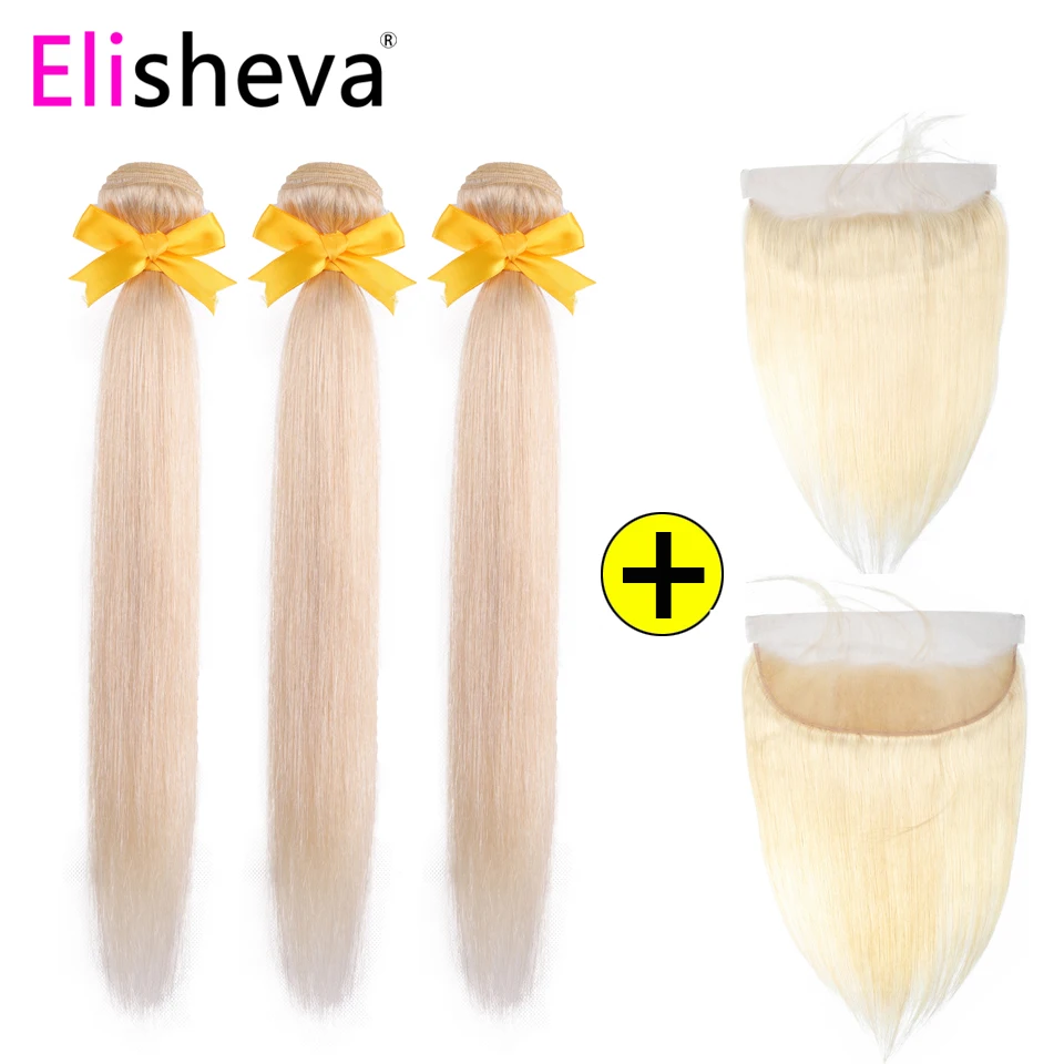 

Elisheva 613 Blonde 3 Bundles With Frontal Brazilian Remy Straight Hair Weave Bundles With Closure 13x4 Pre Plucked Human Hair