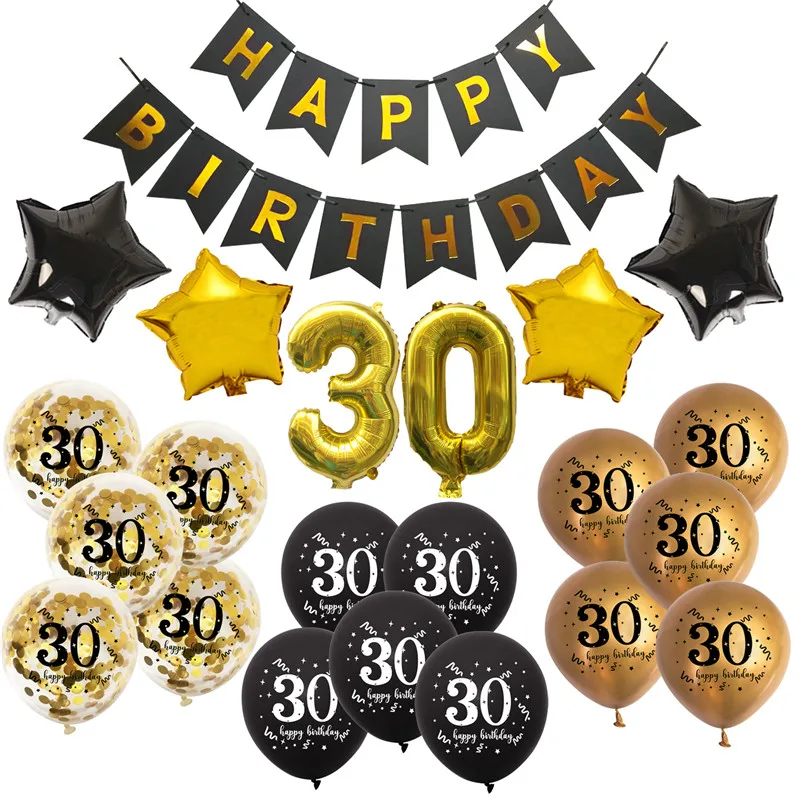 Шары воздушные черные золотые 30/40/50/60 лет баннер на день рождения для взрослых
