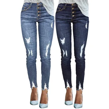 

Women High Waist Stretch Denim Button Jeans Ripped Hole Skinny Jean Ladies Casual Pencil Pants