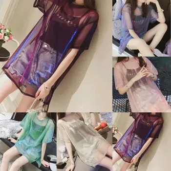 

Women Sheer Mesh T-Shirt Short Sleeve Tee Tops Cover up Dress+Camisole Letter Print Vest Top