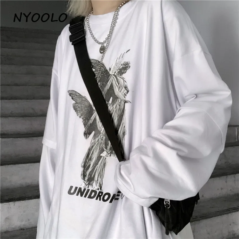NYOOLO Harajuku стиль уличная винтажная свободная футболка с принтом ангела и буквами Топы Осенняя футболка с круглым вырезом и длинными рукавами для женщин и мужчин