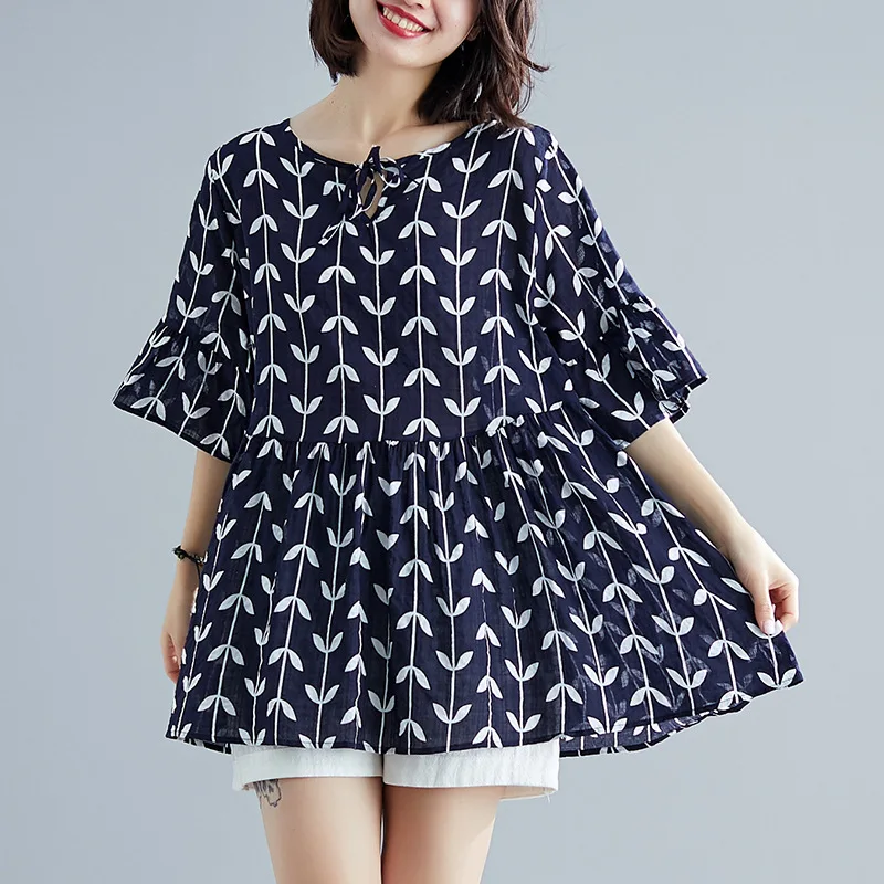 

2019 Summer Wear New Style Korean-style Literature And Art Printed Middle Sleeve T-shirt Fat Mm Slimming Comfortable Crew Neck L