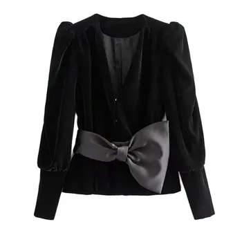 

Women Elegant Velvet Jacket V Neck Bow Tie Decorate Sashes Long Sleeve Coat Female Outwear Office Wear Stylish Tops