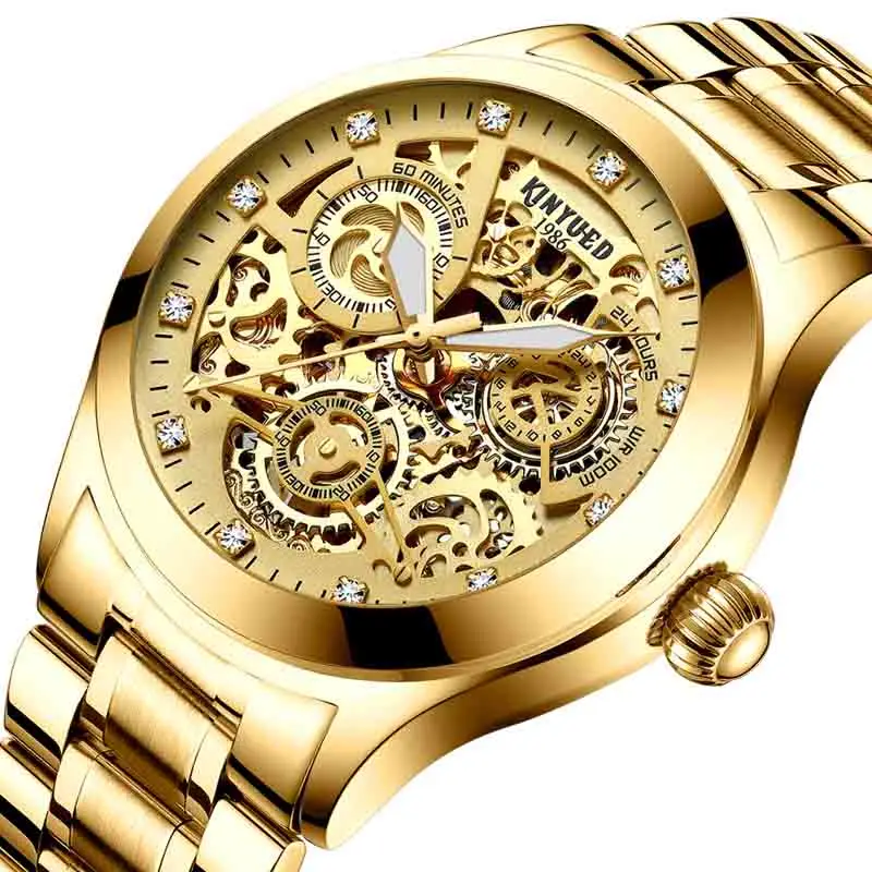 KINYUED Мужские автоматические механические часы с ветром, светящаяся вакуумная кофеварка, мужские золотые водонепроницаемые horloges mannen - Цвет: Gold Steel with box