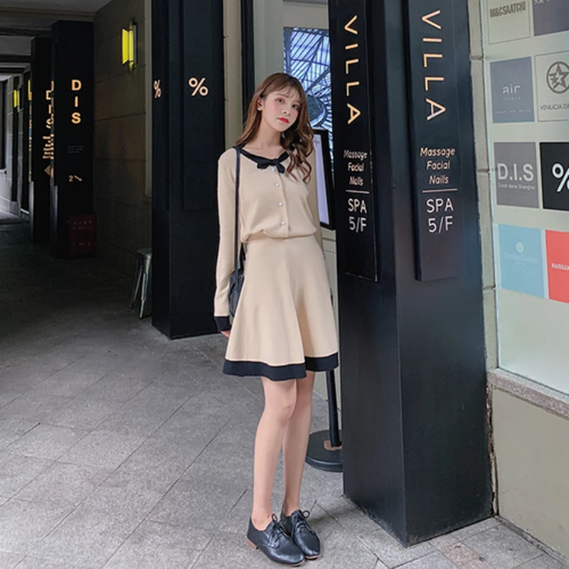 

New Arrival 2019 Autumn Preppy Style Knit Two Piece Set Women Knit Cardigan+high Waist Mini Skirt Female 2 Piece Skirt Set S13