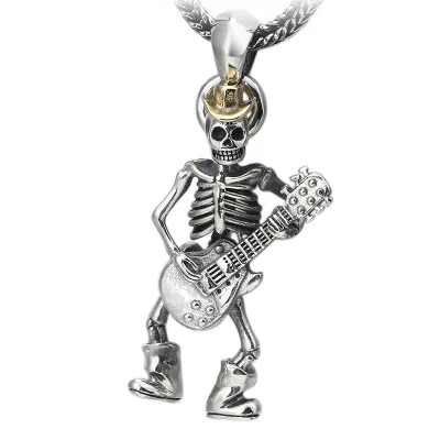 

925 Sterling Silver Street Culture Punk Rock Skull Guitar Men Women Necklace Pendant Jewelry