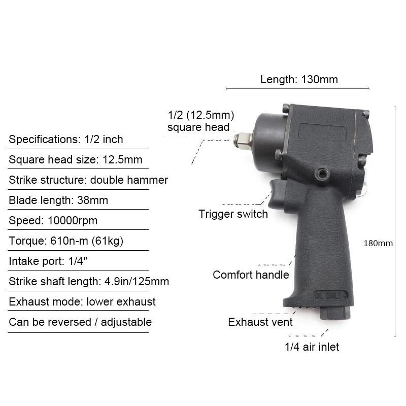 Mini Pneumatic/Air Impact Wrench Air 1/2 inch Twin Hammer Air Car Repairing Impact Wrench Cars Wrenches Tools