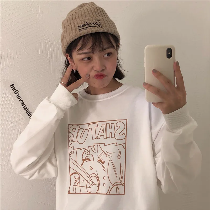 Осень корейский ins Harajuku BF мультфильм с длинными рукавами Толстовка Женская мода тонкий срез круглый вырез Повседневная Женская толстовка