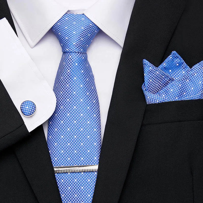

100% Silk 4PCS Men's Tie Handkerchief Set Blue Striped 7.5cm Necktie Pocket Square TieClip For Men Wedding Business Accessories