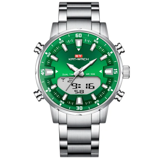 KAT-WACH Brand Steel Band Dual Movement Large Dial Waterproof Men's Electronic Watches Simple Luxury Business Man Wristwatch 