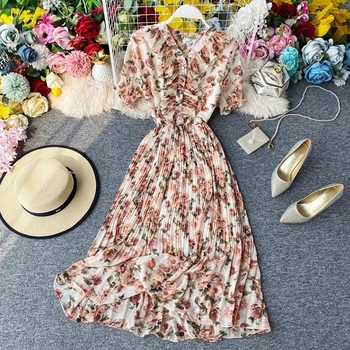 

Women Ruffle V-neck Midi Floral Print Dress Vintage Short Sleeve Slim Sweet Pleated Chiffon Dress 2020 Summer Dress Vestidos