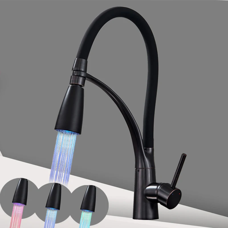 Saeuwtowy Chrome LED Kitchen Faucet with Black Hose one Handle one 2 Water ways Deck Mounted Sink Mixer Tap - Цвет: Black Bronze