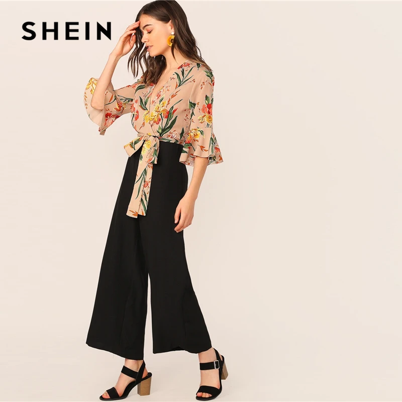 SHEIN Леди Элегантный цветочный принт обёрточная бумага лиф широкие брюки комбинезон весна Глубокий V шеи узел подол Волан рукава Спецодежда Комбинезоны