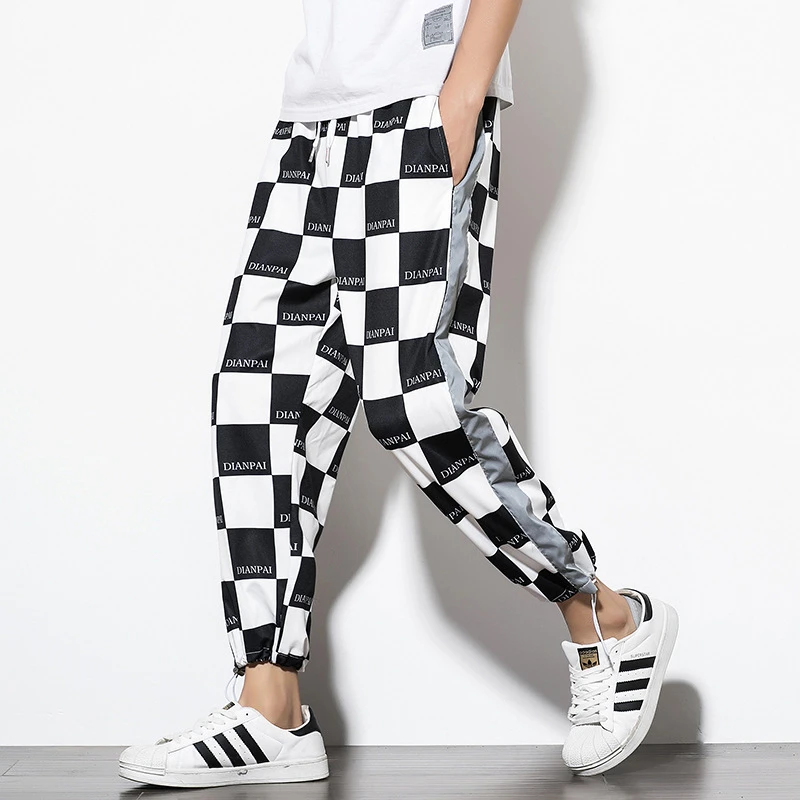 Reflective Streetwear Pants Men Jogger Ankle-Length Harem Pants Splice Black white Lattice Joggers Trousers Men Pants Casual Reflective Streetwear Pants Men Jogger Ankle-Length Harem Pants Splice Black white Lattice Joggers Trousers Men Pants Casual