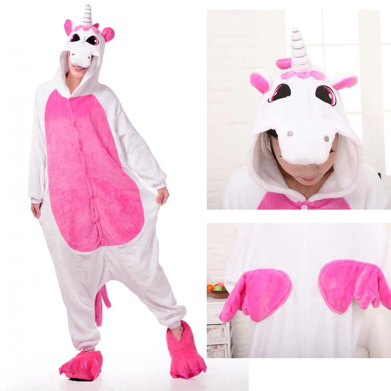 Pink unicorn Пижама Кигуруми для взрослых, детей, девочек, мальчиков, животных, Стич, Розовый Единорог, для женщин и мужчин, пара зимних фланелевых пижам, набор, одежда для сна кегуруми - Цвет: Pink unicorn