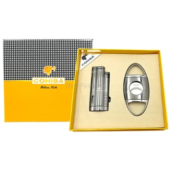 

COHIBA High Grade Windproof Metal Cigar Cigarette Lighter 3 Torch Flame Cigar Lighters W/Cigar Punch Cutter Gift Set