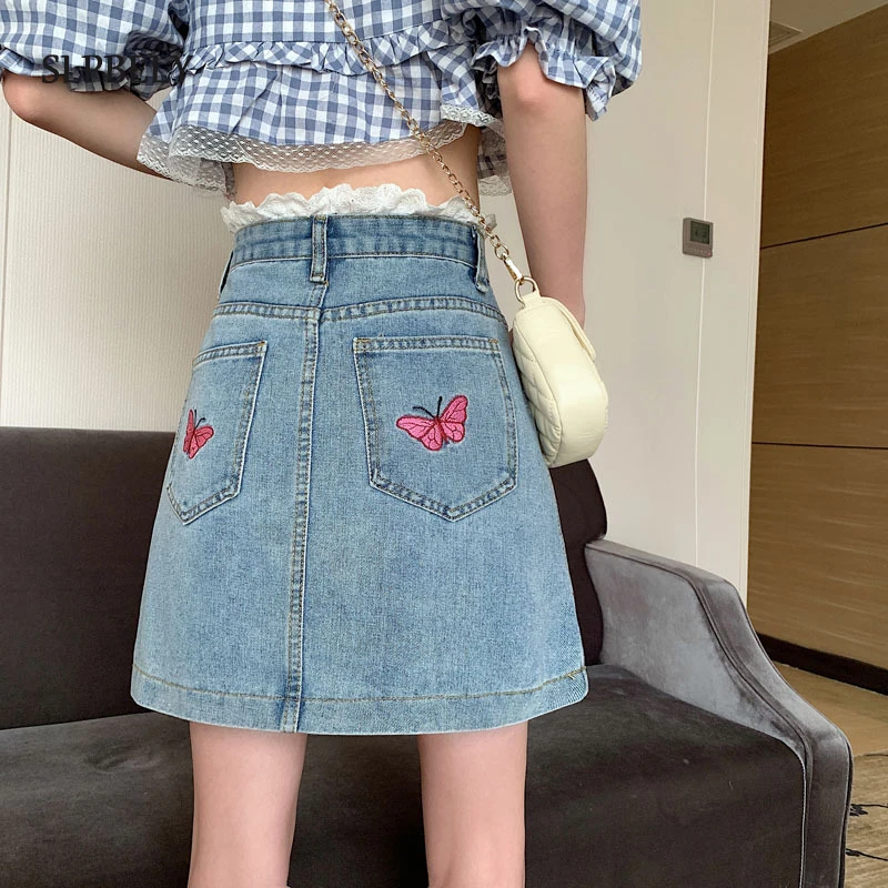 

SLPBELY Lace Embroidered Butterfly Denim Skirt Womens Summer Blue High Waist Botton Short Skirt A-line Girl Student Mini Skirts