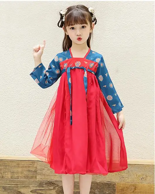 Hanfu/Детское платье для маленьких девочек; элегантные костюмы Феи; костюм Древнего Китая с цветочным принтом; одежда для детей в Корейском стиле