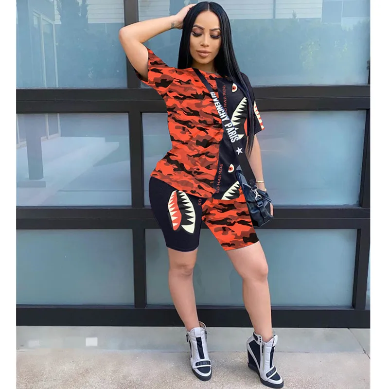 Casual Summer Two Piece Set 2020 Splicing Printing T Shirt & Shorts 2 Piece Outfits Tracksuit Women Joggers Suit Matching Sets Casual Summer Two Piece Set 2020 Splicing Printing T Shirt & Shorts 2 Piece Outfits Tracksuit Women Joggers Suit Matching Sets