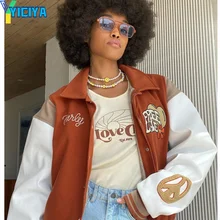 

Letter Embroidery Baseball Jackets Women 2021 Varsity Jackets Men Contrast Sleeve PU Leather Jaded Casual London Bomber Jacket