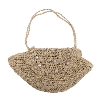 

AUAU-Crochet Shell Pearl Handmade Woven Bag Casual Women's Straw Bag Beach Messenger Bags Tote Bags for Women