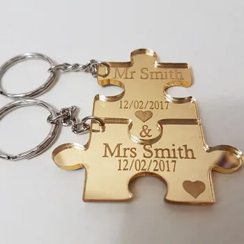 

Personalised Jigsaw Puzzle Piece acrylic mirror Keyrings Engraved with a Name & Date,Souvenirs or Gifts for Guests