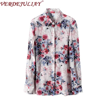 

VERDEJULIAY High Quality 100% Pure Silk European Casual Blouse Office Lady 2020 Spring New Runway Floral Print Women Tops