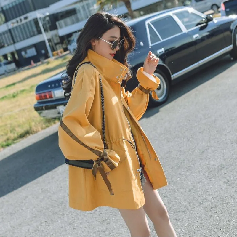

Photo Shoot Korean-style CHIC Contrast Color Bowknot Ribbon Lantern Sleeve Stand Collar Trench Coat Women's Drawstring Waist Hug