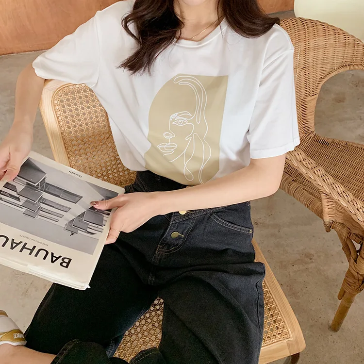 Abstract Print T-shirt Female Short Sleeve 2020 Summer New O-Neck Korean Women's Casual Tops Tees Harajuku