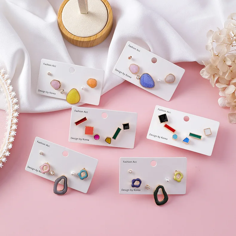 6 штук корейские милые яркие цветные геометрические серьги капельки