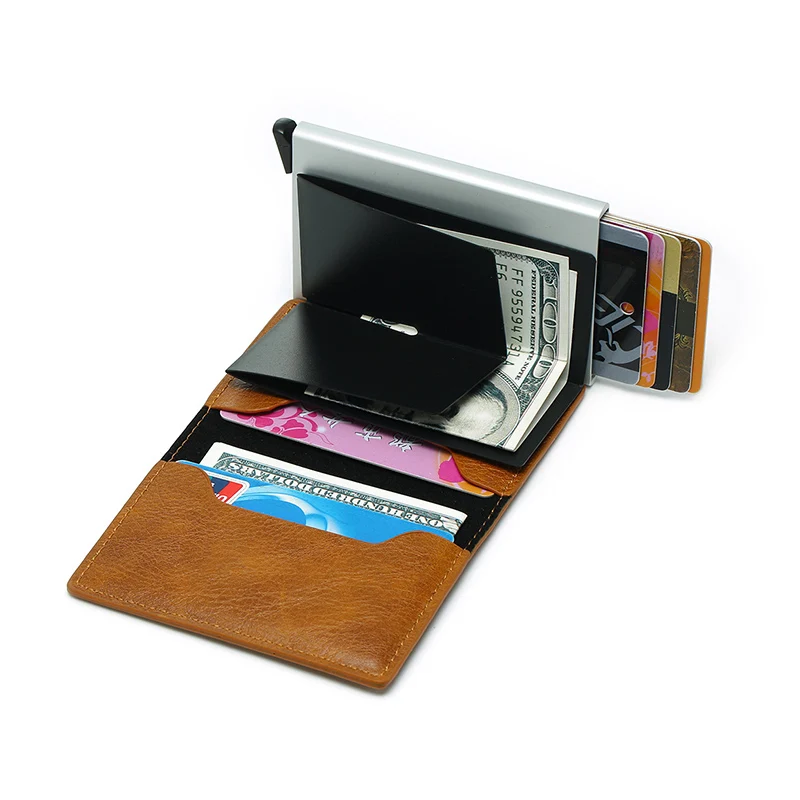 brown Rfid держатель для карт, женские и мужские кошельки, сумка для денег, Мужской винтажный Красный кошелек, маленький кожаный тонкий кошелек, тонкий мини кошелек - Цвет: brown