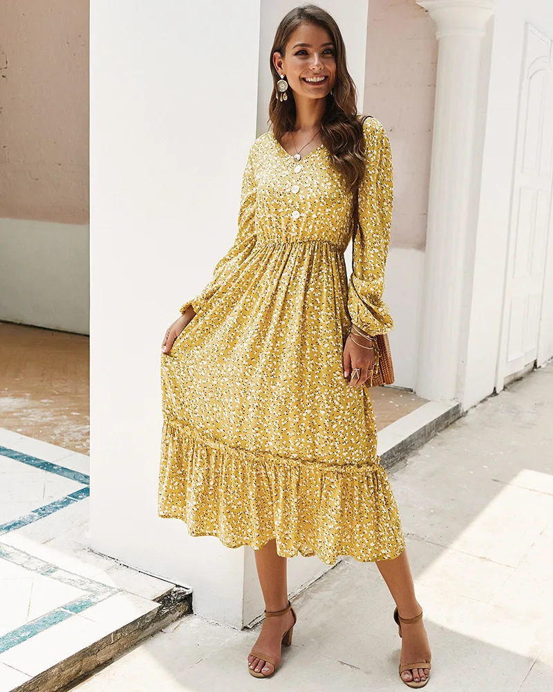 

TEELYNN long sleeve midi dresses for women Vintage cotton rayon floral print boho dress Bohemian holiday beach dress vestidos