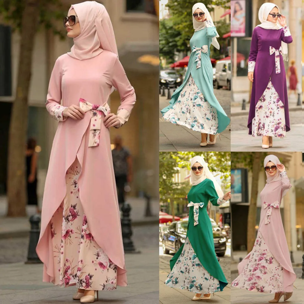 Для женщин; Большие размеры принт Абая, головной платок мусульманская одежда Для женщин с цветочным принтом длинное коктейльное мусульманское длинное платье Вечеринка Исламская Абая халаты