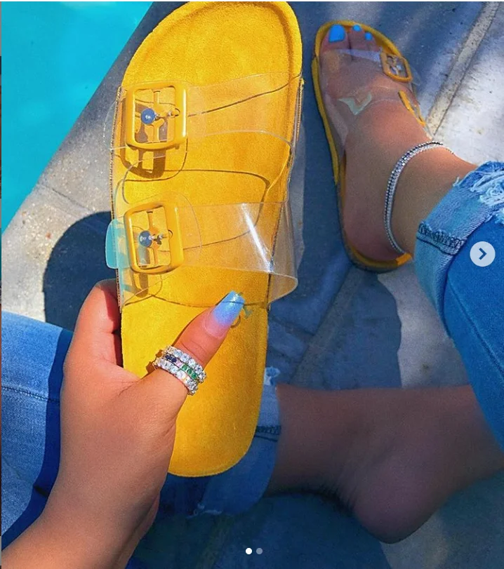Женские летние шлепанцы прозрачная обувь женские сандалии пляжные сандалии на плоской подошве шлепанцы на застежке прозрачные тапочки модные шлепанцы