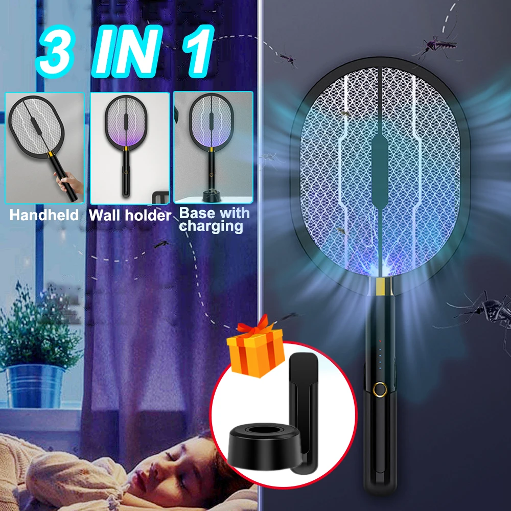 C2 3 In 1 Led Mosquito Killer Lamp 3000V Electric Bug Zapper Insect Killer Usb Ricaricabile Fly Swatter Trap Anti Mosquito Mosche