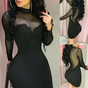 Alternative view of Skinny Summer Dress 2019 Mesh Transparent Sexy Black Women Dress Casual Long Sleeve Evening Party Mini Short Sexy Dress Bodycon