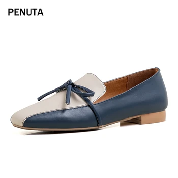 

2020 PENUTA Genuine Leather Bow Flats Square Toe Fashionable Women Leather Moccasins slip ons Shoes European New Designer F0005