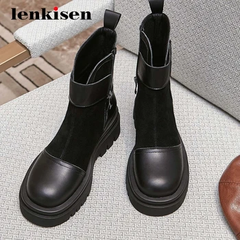 

Lenkisen new big size cow leather coolest punk all-match round toe high square heel zipper pretty girls handmade ankle boots L32