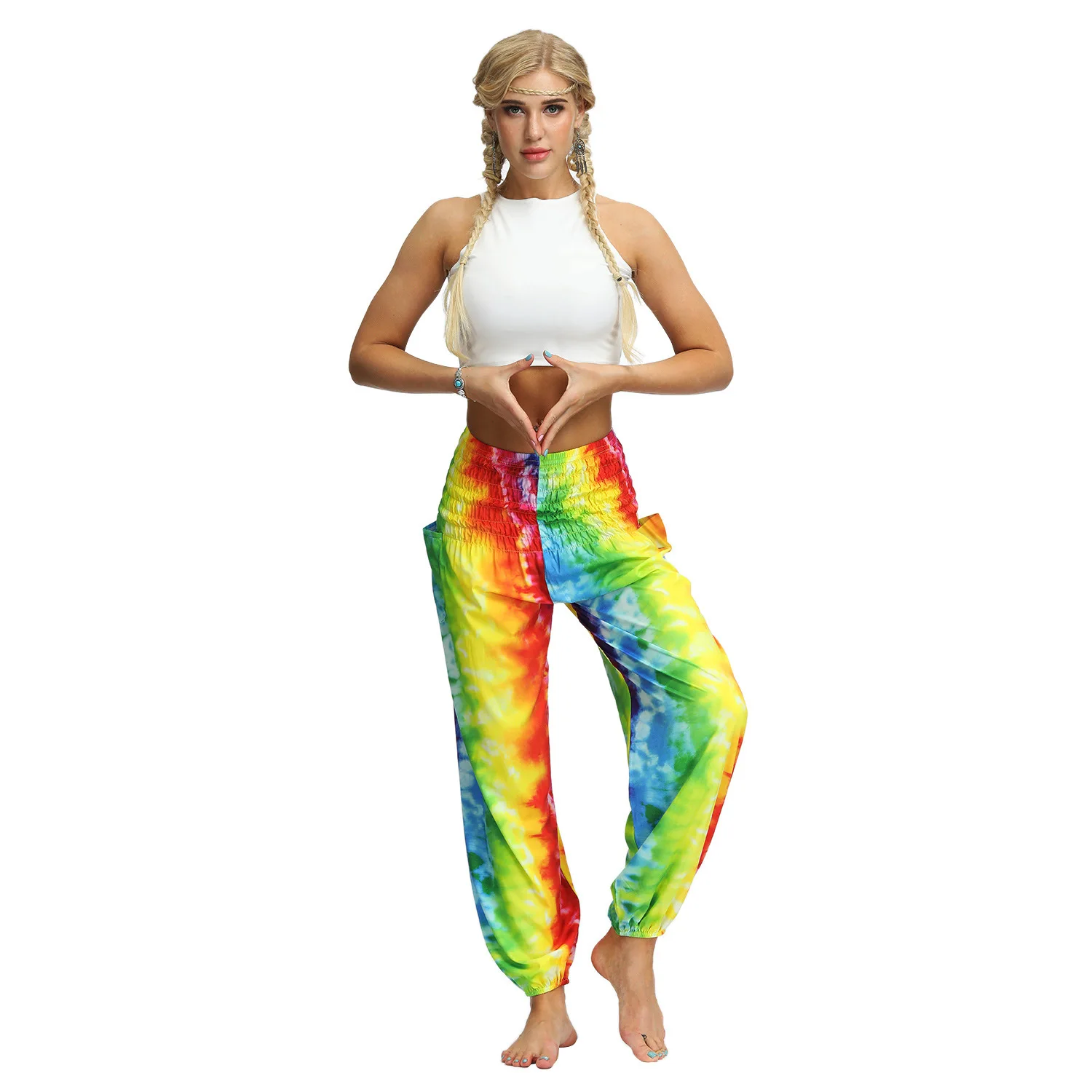

Bohemian Thai Floral Pants Tie Dye Gradients Beach Holiday Knickerbockers Pocket Sunscreen Casual Pants Women
