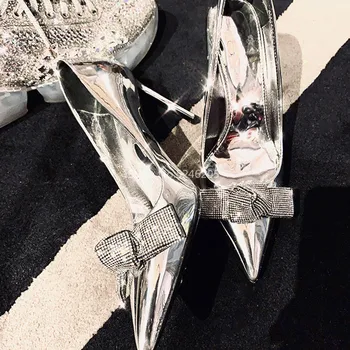 

Fashion High Heels Embellished Bow Sexy Pointed Toe Party Wedding Woman Shoes Bling Silver Gold Mirrored Leather Women Pumps
