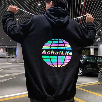 

NiceMix harajuku hoodies women sweatshirt clothes popular oversize reflective printed hat collar RETRO LEISURE unisex clothers